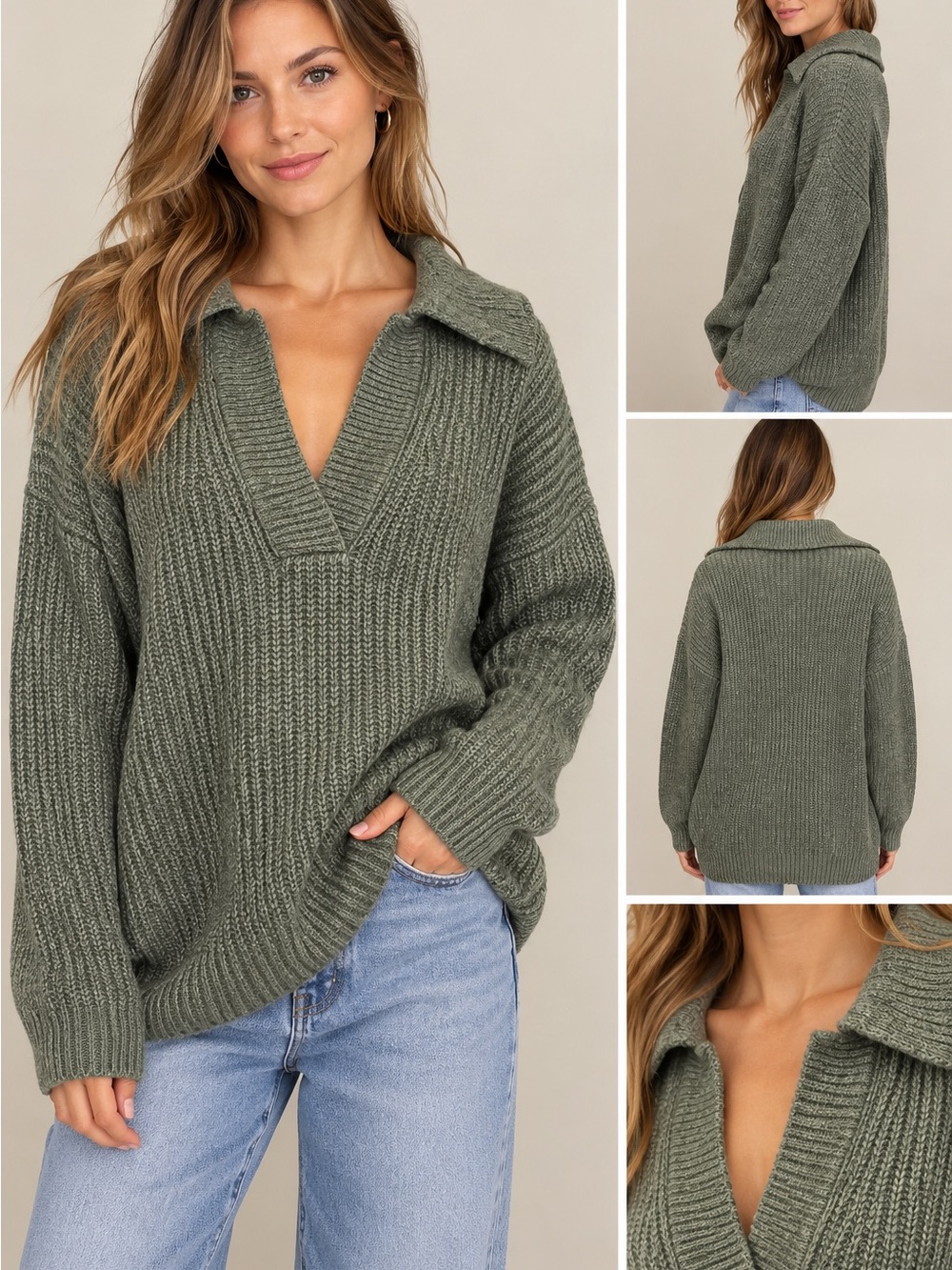 Nine West Sweater Womens L Signature Green Collared V Neck Chunky Knit NWT